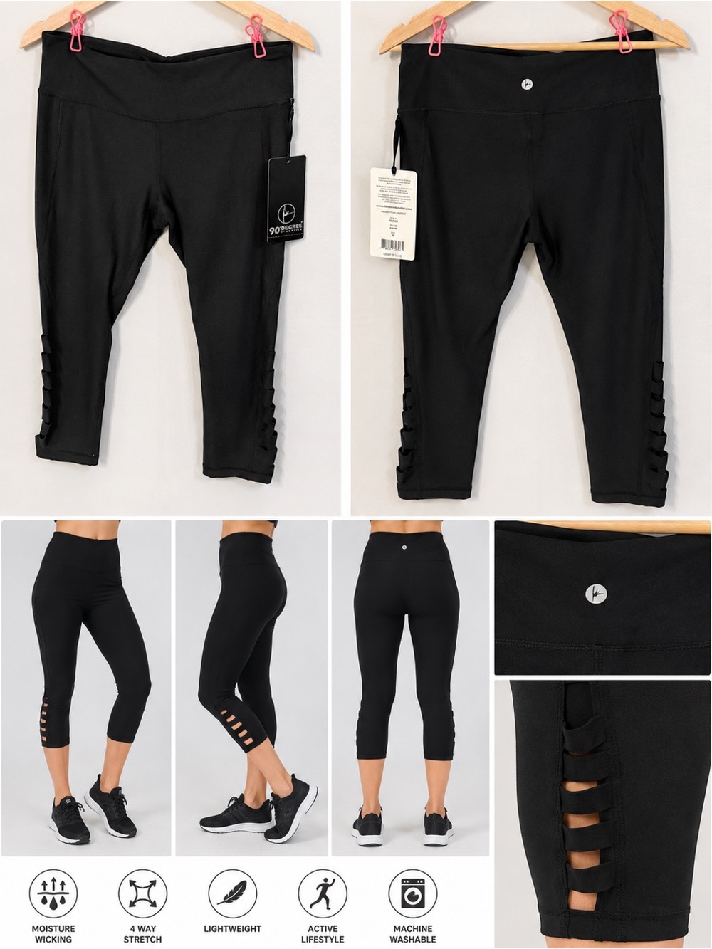 90 Degree By Reflex Black High Rise Capri Leggings Cutout Workout Yoga SizeM NWT